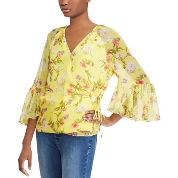 Lauren Ralph Lauren Floral Georgette Chiffon Wrap Bell Sleeve Blouse Size Small - Picture 1 of 17